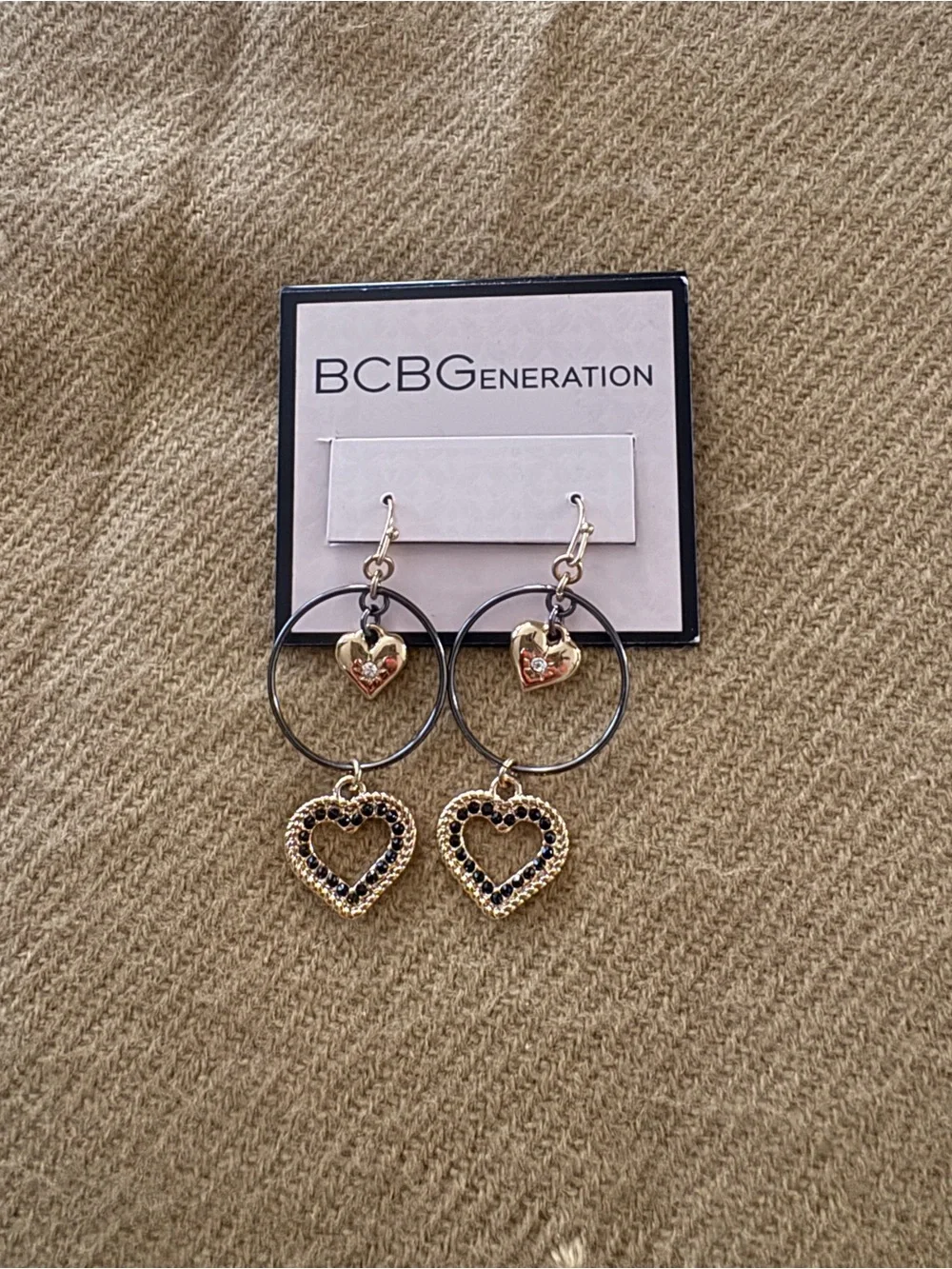 BCBGeneration Gold and Black Heart Hoop Dangle Earrings
